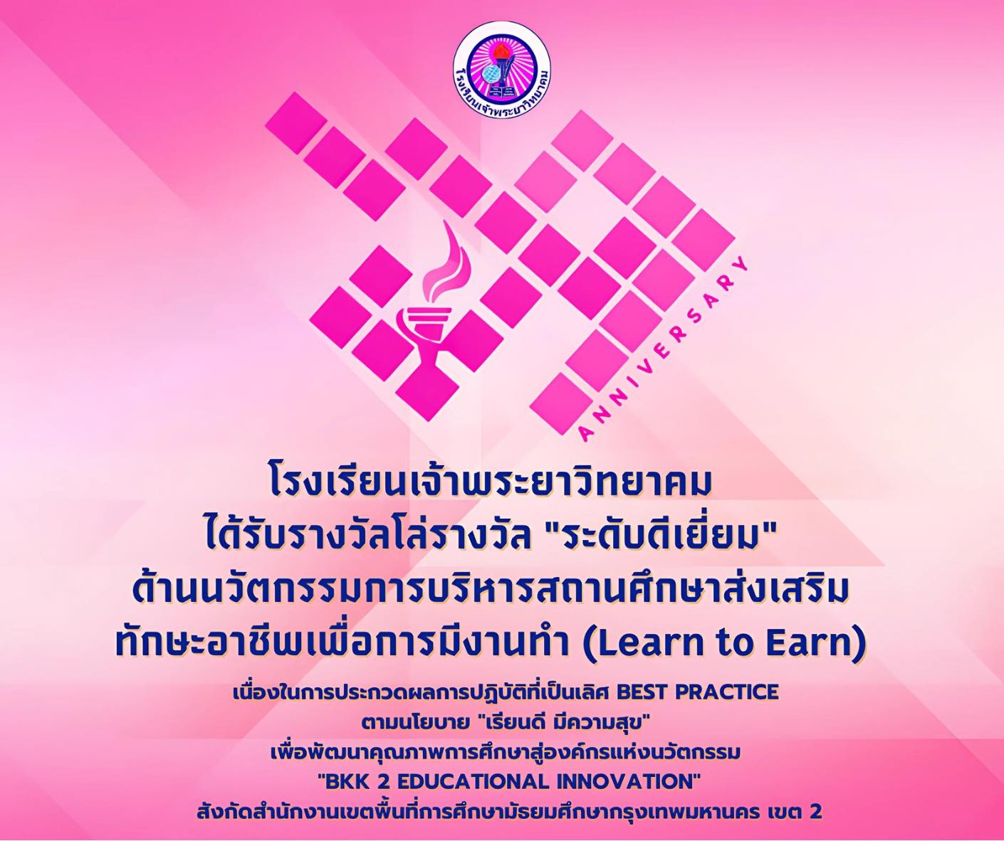 ได้รับโล่รางวัล"ระดับดีเยี่ยม"ด้านนวัตกรรมการบริหารสถานศึกษาส่งเสริมทักษะอาชีพเพื่อการมีงานทำ (Learn to Earn)